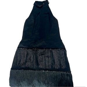 Vintage 80’s A.J. Bari Women's Black Fringe Halter Dress Women’s Size 6